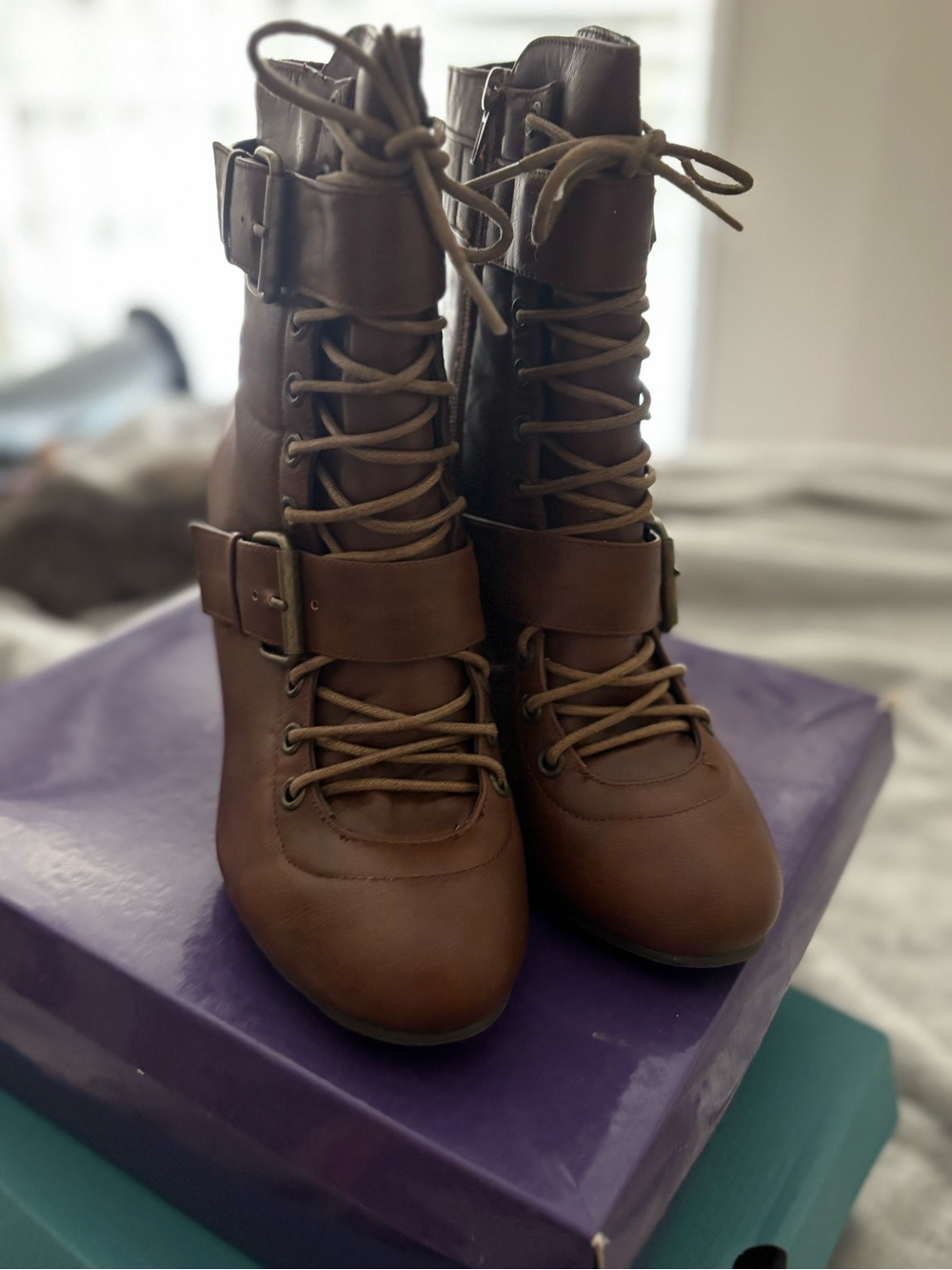 Madden Girl Brown Lace-Up Buckle Mid-Calf Boots